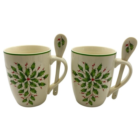 Lenox Other - Lenox Holiday Holly berry coco mug with spoon set of two 14oz Christmas Holiday
